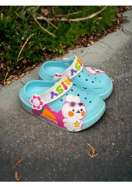 Calx Çocuk Turkuaz Havuç Tavşan Figürlü Kaydırmaz Terlik