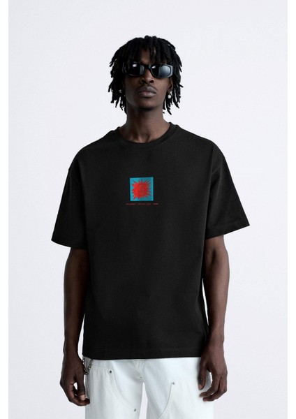 Bisiklet Yaka Afraid Of Real World Baskılı Siyah Oversize Erkek T-Shirt