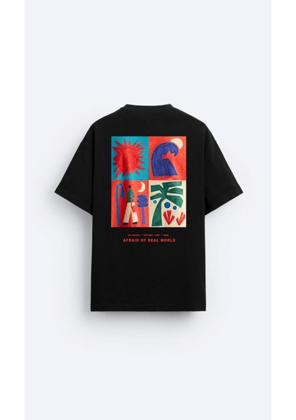 Bisiklet Yaka Afraid Of Real World Baskılı Siyah Oversize Erkek T-Shirt fiyatları