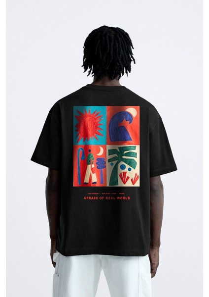 Bisiklet Yaka Afraid Of Real World Baskılı Siyah Oversize Erkek T-Shirt fırsatları