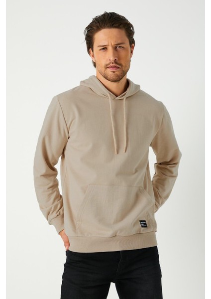 Erkek Bej Basic Kapüşonlu Regular Fit Normal Kesim 2 Iplik Kumaş Günlük Sweatshirt