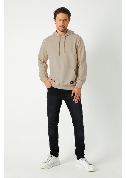 Erkek Bej Basic Kapüşonlu Regular Fit Normal Kesim 2 Iplik Kumaş Günlük Sweatshirt