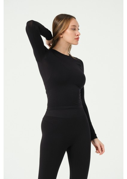 Uzun Kollu Yuvarlak Yaka Crop Top Seamless