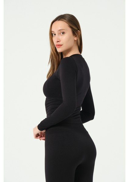Uzun Kollu Yuvarlak Yaka Crop Top Seamless