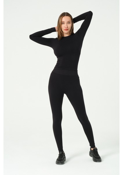 Uzun Kollu Yuvarlak Yaka Crop Top Seamless