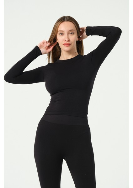 Uzun Kollu Yuvarlak Yaka Crop Top Seamless