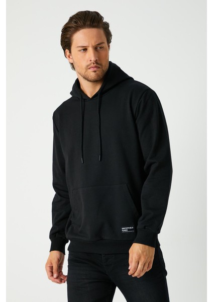 Erkek Siyah Basic Kapüşonlu Regular Fit Normal Kesim 2 Iplik Kumaş Günlük Sweatshirt
