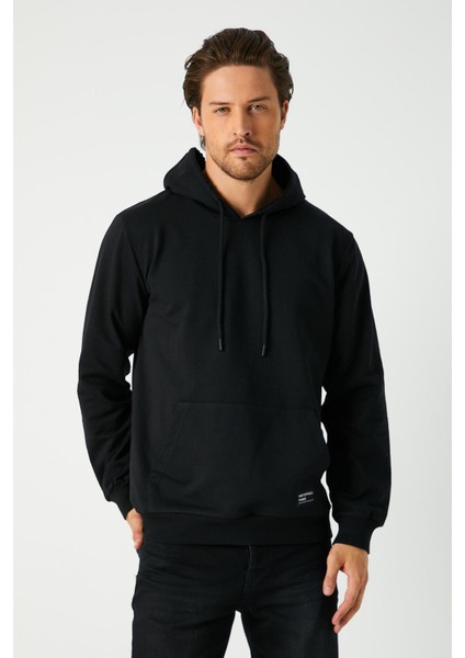 Erkek Siyah Basic Kapüşonlu Regular Fit Normal Kesim 2 Iplik Kumaş Günlük Sweatshirt