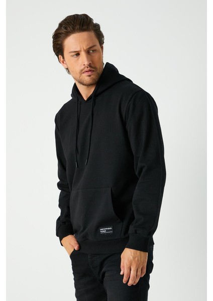 Erkek Siyah Basic Kapüşonlu Regular Fit Normal Kesim 2 Iplik Kumaş Günlük Sweatshirt