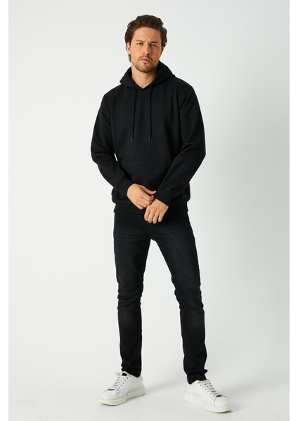 Erkek Siyah Basic Kapüşonlu Regular Fit Normal Kesim 2 Iplik Kumaş Günlük Sweatshirt