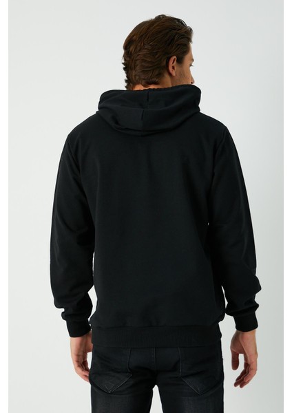 Erkek Siyah Basic Kapüşonlu Regular Fit Normal Kesim 2 Iplik Kumaş Günlük Sweatshirt