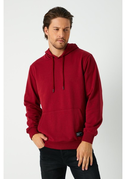 Erkek Bordo Basic Kapüşonlu Regular Fit Normal Kesim 2 Iplik Kumaş Günlük Sweatshirt