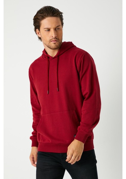 Erkek Bordo Basic Kapüşonlu Regular Fit Normal Kesim 2 Iplik Kumaş Günlük Sweatshirt