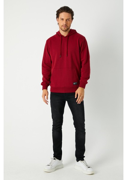 Erkek Bordo Basic Kapüşonlu Regular Fit Normal Kesim 2 Iplik Kumaş Günlük Sweatshirt