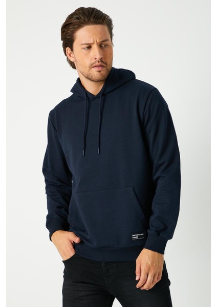 Erkek Lacivert Basic Kapüşonlu Regular Fit Normal Kesim 2 Iplik Kumaş Günlük Sweatshirt