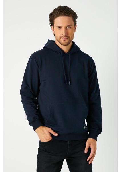 Erkek Lacivert Basic Kapüşonlu Regular Fit Normal Kesim 2 Iplik Kumaş Günlük Sweatshirt