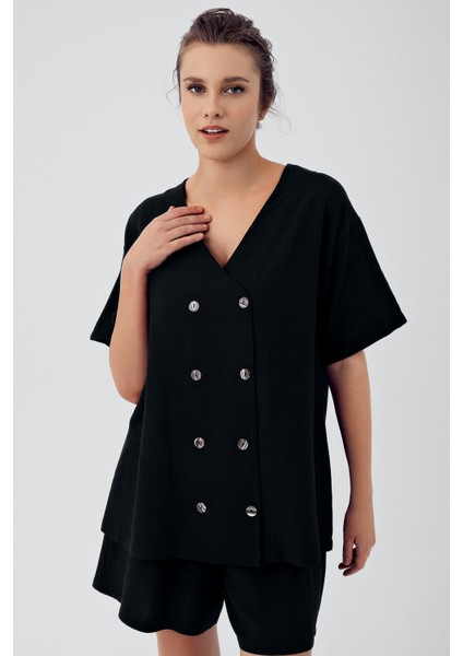 Kadın Keten Kısa Kol Kruvaze Oversize Gömlek K103