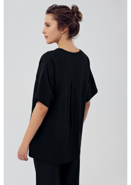 Kadın Keten Kısa Kol Kruvaze Oversize Gömlek K103 modelleri