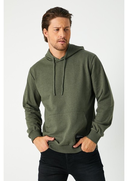 Erkek Haki Basic Kapüşonlu Regular Fit Normal Kesim 2 Iplik Kumaş Günlük Sweatshirt