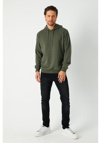 Erkek Haki Basic Kapüşonlu Regular Fit Normal Kesim 2 Iplik Kumaş Günlük Sweatshirt