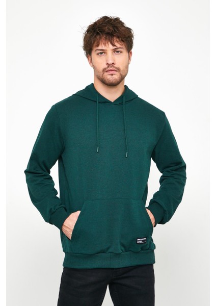 Erkek Koyu Yeşil Basic Kapüşonlu Regular Fit Normal Kesim 2 Iplik Kumaş Günlük Sweatshirt