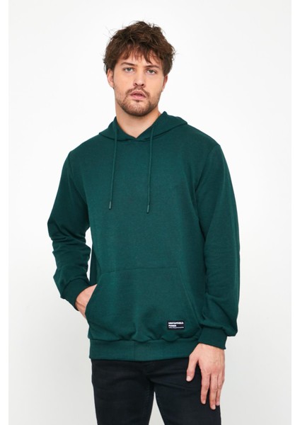Erkek Koyu Yeşil Basic Kapüşonlu Regular Fit Normal Kesim 2 Iplik Kumaş Günlük Sweatshirt