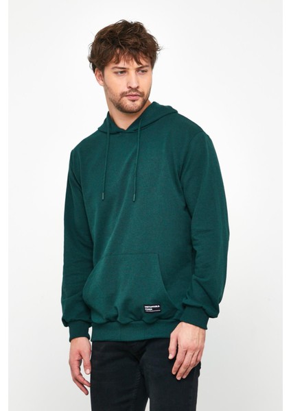 Erkek Koyu Yeşil Basic Kapüşonlu Regular Fit Normal Kesim 2 Iplik Kumaş Günlük Sweatshirt