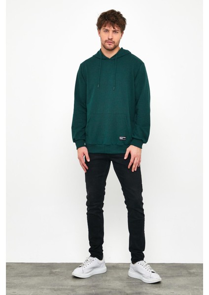 Erkek Koyu Yeşil Basic Kapüşonlu Regular Fit Normal Kesim 2 Iplik Kumaş Günlük Sweatshirt