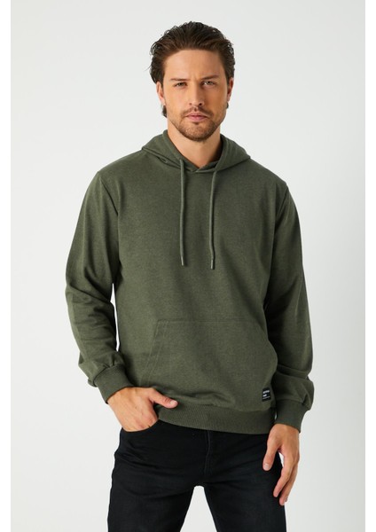 Erkek Haki Basic Kapüşonlu Regular Fit Normal Kesim 2 Iplik Kumaş Günlük Sweatshirt
