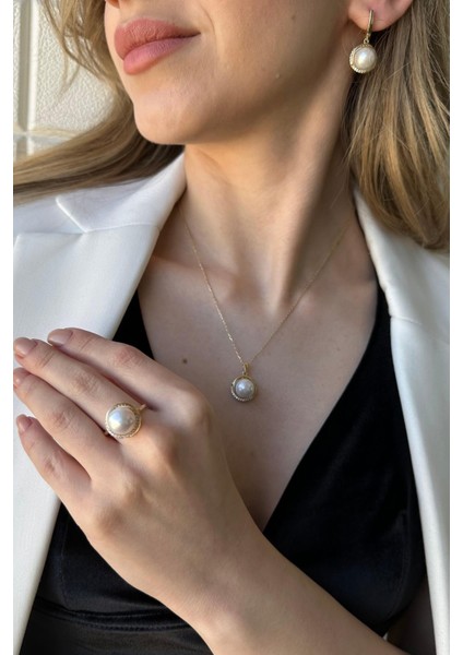 14 Ayar Altın 10 mm Doğal Inci Küpe Kolye Yüzük Üçlü Set