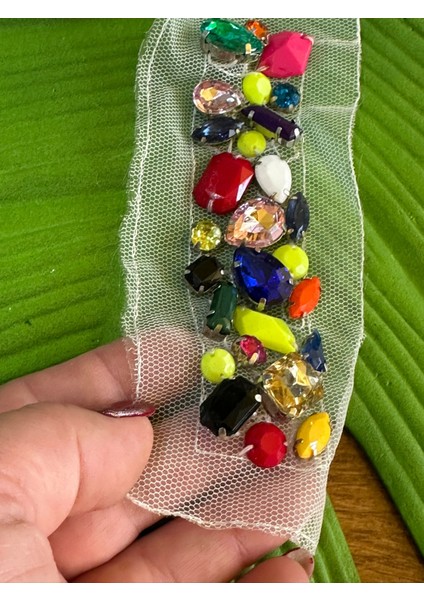 14 x 4 cm Renkli Cam Taş Işleme Apolet Aplike Dikiş Aksesuarı
