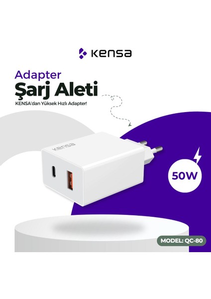 Şarj Cihazı Başlığı 50 W Yeni Nesil USB ve Tpc-E Çıkışlı Ultra Güçlü Hızlı Şarj