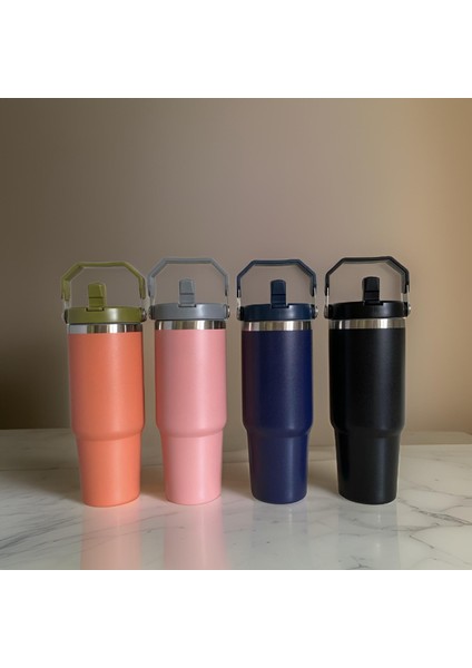 Charcoal Flip Straw Çift Duvar Yalıtımlı Paslanmaz Çelik 0.89 Lt Pipetli Termos