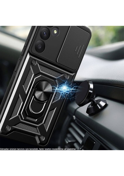 Xiaomi Poco F5 Kapak Lens Sürgülü Kamera Korumalı Yüzüklü Stantlı Tank Kılıf - Lacivert modelleri