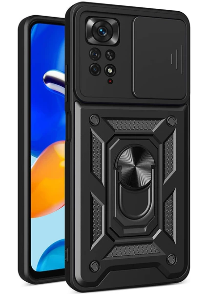 Case World Xiaomi Redmi Note 11 Pro 4g Kapak Lens Sürgülü Kamera Korumalı Yüzüklü Stantlı Tank Kılıf - Siyah