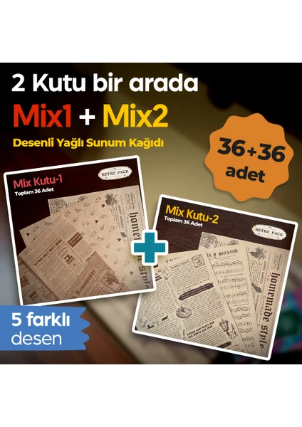 Retro Pack 2 Kutu Bir Arada Desenli Yağlı Sunum KAĞIDI_36+36=72 Adet