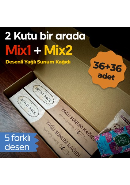 Retro Pack 2 Kutu Bir Arada Desenli Yağlı Sunum KAĞIDI_36+36=72 Adet