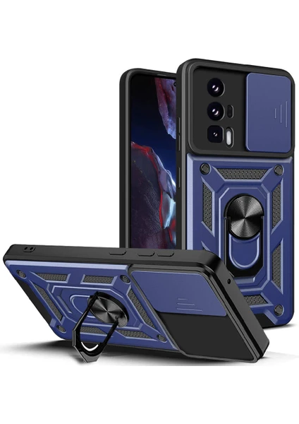 Caseart Xiaomi Poco F5 Pro Kapak Lens Sürgülü Kamera Korumalı Yüzüklü Stantlı Tank Kılıf - Lacivert