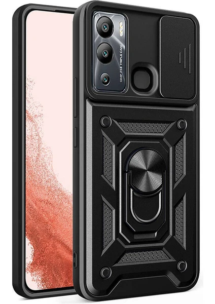 Caseart Infinix Hot 20I Kapak Lens Sürgülü Kamera Korumalı Yüzüklü Stantlı Tank Kılıf - Siyah