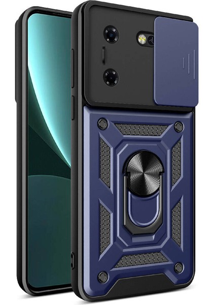 Tecno Pova 5 Kapak Lens Sürgülü Kamera Korumalı Yüzüklü Stantlı Tank Kılıf - Lacivert
