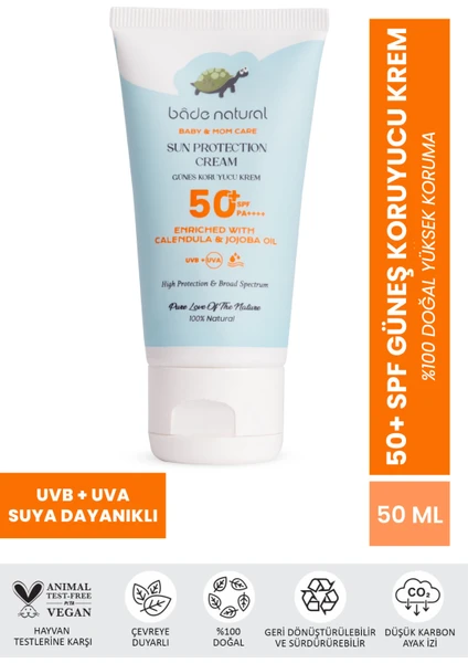 Bade Natural %100 Doğal 50+ SPF Yüksek Korumalı Çocuk Güneş Koruyucu Krem Tüp Mineral Filtreli 50 ml