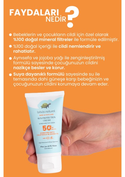 Bade Natural %100 Doğal 50+ SPF Yüksek Korumalı Çocuk Güneş Koruyucu Krem Tüp Mineral Filtreli 50 ml