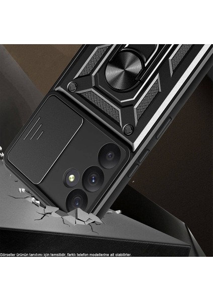 Xiaomi Poco F5 Kapak Lens Sürgülü Kamera Korumalı Yüzüklü Stantlı Tank Kılıf - Lacivert indirimleri