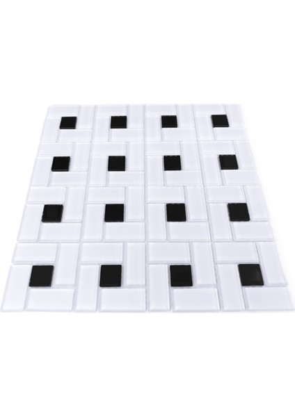 Mutfak Tezgah Arası ve Yaşam Alanlarının Tüm Yüzeyleri Için Kristal Cam Mozaik. Renk: Beyaz-Siyah. Cam Ölçüleri: 23X23X48X4 Mm. File Ölçüsü: 30X30 Cm. ( 1 Koli=11 File Karo=1 M2 Fiyatıdır ) modelleri