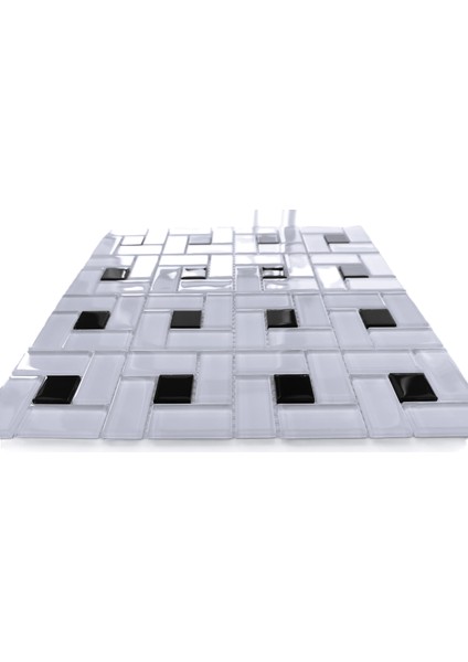 Mutfak Tezgah Arası ve Yaşam Alanlarının Tüm Yüzeyleri Için Kristal Cam Mozaik. Renk: Beyaz-Siyah. Cam Ölçüleri: 23X23X48X4 Mm. File Ölçüsü: 30X30 Cm. ( 1 Koli=11 File Karo=1 M2 Fiyatıdır ) indirimleri