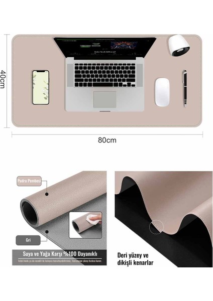 Klasse Çift Renk Pu Deri Masa Matı 80X40 cm Mousepad, Su Geçirmez