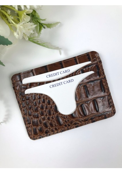 Deri Erkek Kartlık Kahverengi Kroko Desenli