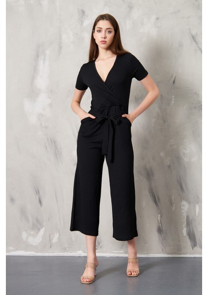 Kruvaze Yaka Kuşaklı Bürümcük Kumaş Tulum modelleri