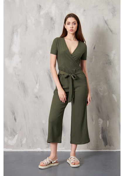 Kruvaze Yaka Kuşaklı Bürümcük Kumaş Tulum modelleri