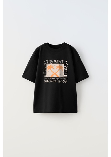 The Champ The Best Yazılı Palmiye Tasarım Baskılı Siyah Çocuk T-Shirt